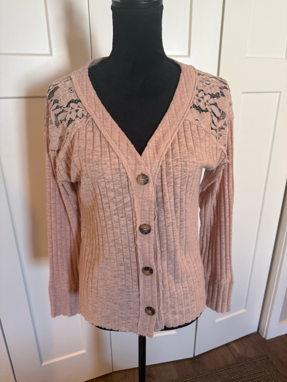 Maurices Blush Pink Ribbed Lace-Shoulder Button Cardigan